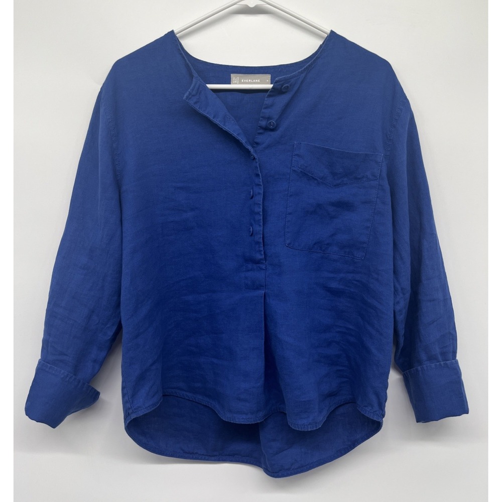 Everlane 100% Linen Oversized Blouse Women's 4 Blue Relaxed Fit Coastal Luxury